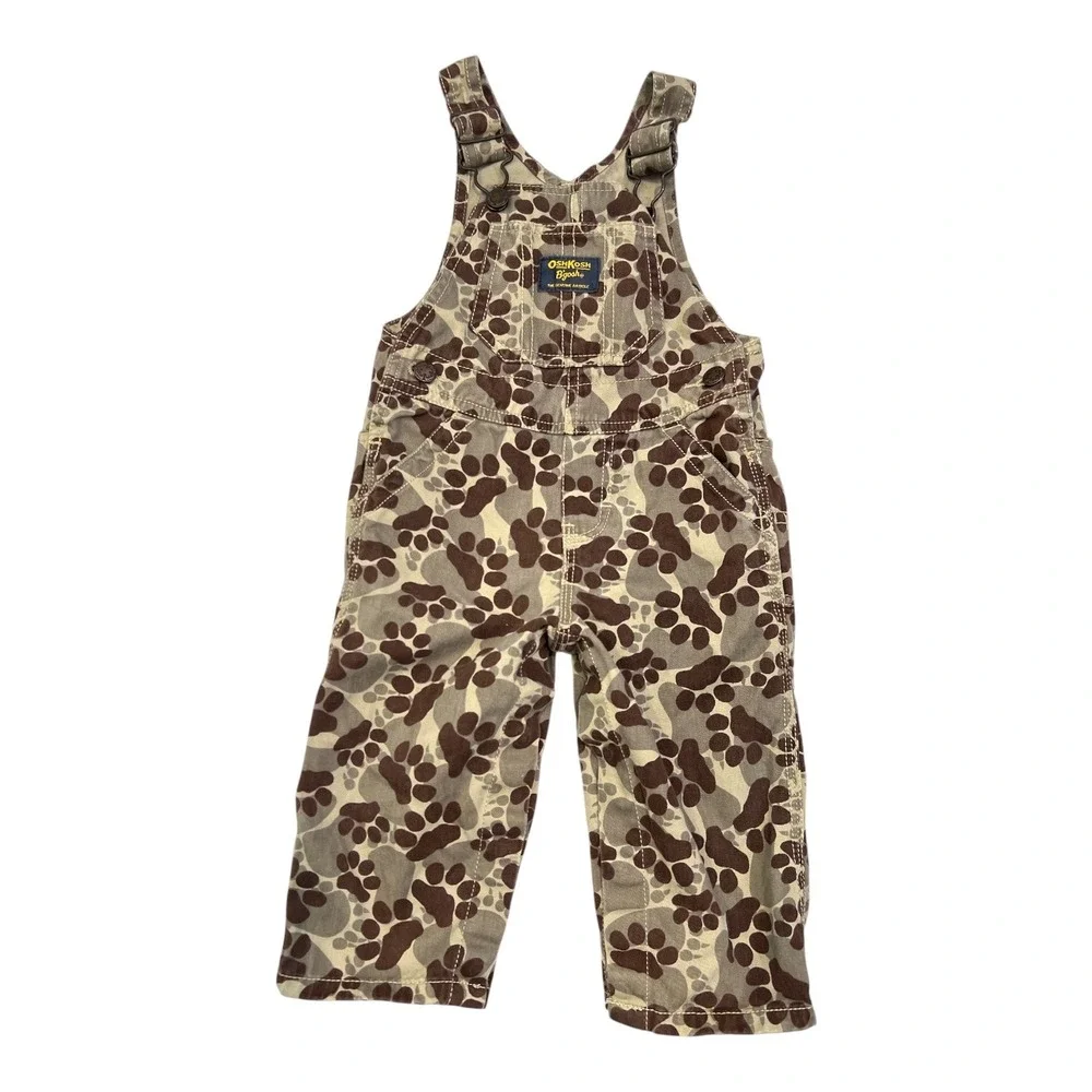 Vintage OshKosh B'gosh Paw Camo Print Overalls 12M Y2K Baby Dungarees Earth Tone